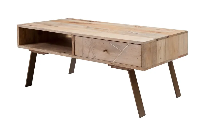 Sekuterski Sofabord 95 cm med Oppbevaring Skuff + Hylle, Massivt Tre