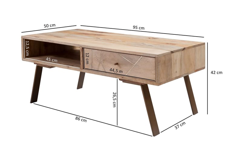 Sekuterski Sofabord 95 cm med Oppbevaring Skuff + Hylle - Massivt Tre - Møbler - Bord - Sofabord & salongbord - Sofabord med oppbevaring