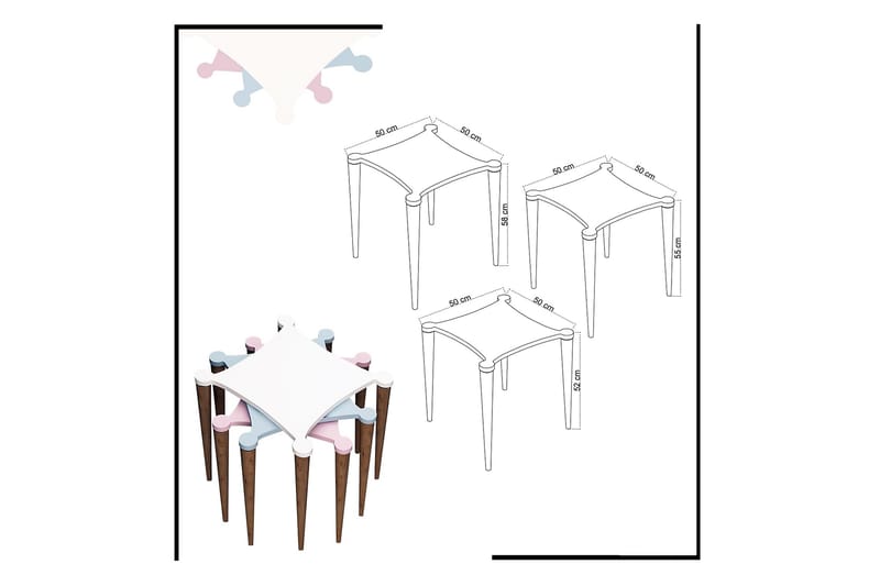Settbord Nayla 50 cm 3 Bord - Hvit/Rosa/Blå - Sofabord & salongbord - Settbord