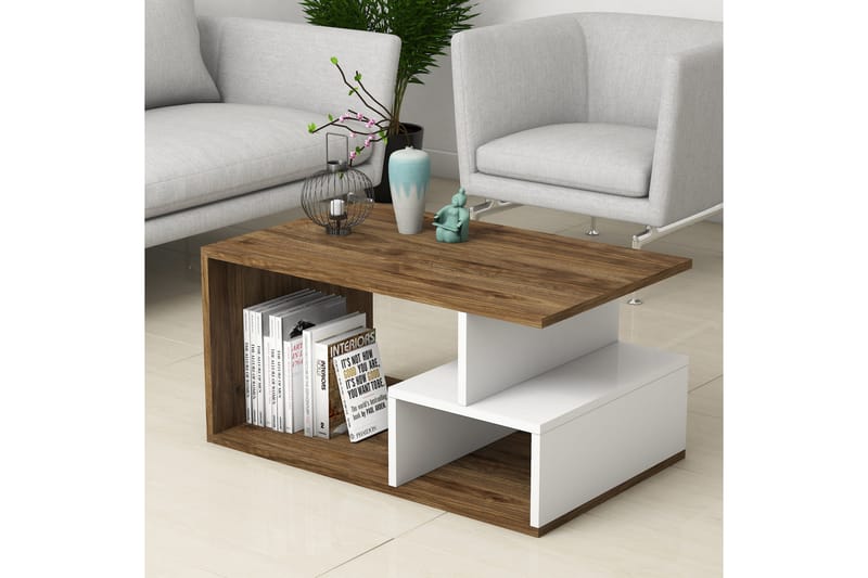 Sofabord Arteide 90 cm med Oppbevaring Hyller - Mørkebrun/Natur/Hvit - Sofabord & salongbord