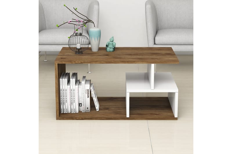 Sofabord Arteide 90 cm med Oppbevaring Hyller - Mørkebrun/Natur/Hvit - Sofabord & salongbord