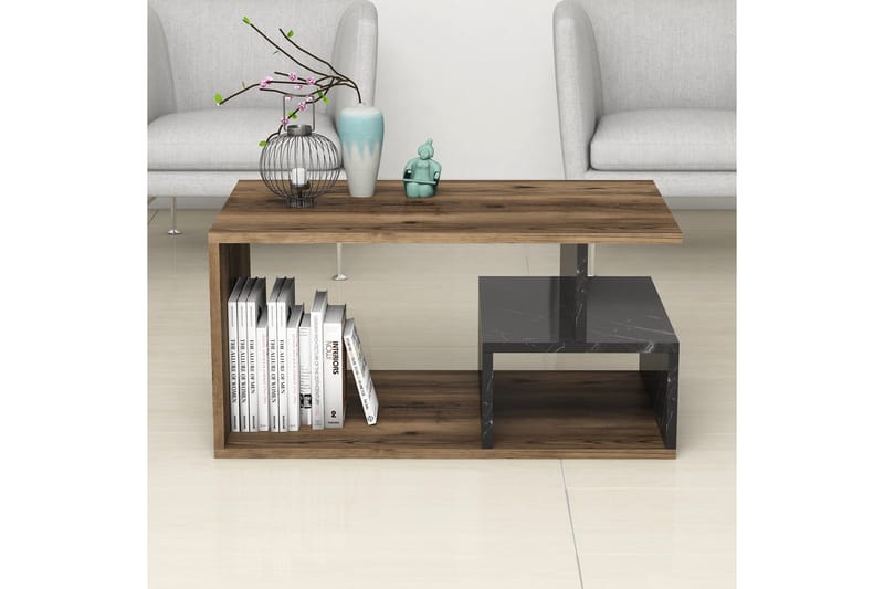 Sofabord Arteide 90 cm med Oppbevaringshyller Marmormønster - Mørkebrun/Natur/Svart - Møbler - Bord - Sofabord & salongbord