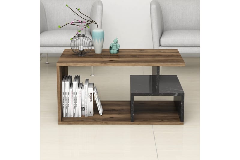 Sofabord Arteide 90 cm med Oppbevaringshyller Marmormønster - Mørkebrun/Natur/Svart - Marmorbord - Sofabord & salongbord
