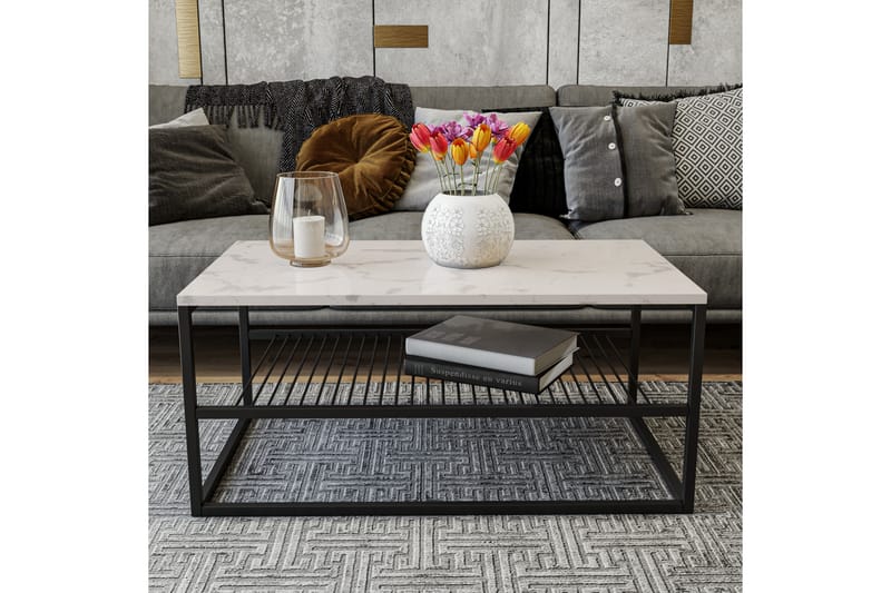 Sofabord Asude 95 cm Marmormønster med Oppbevaring Hylle - Hvit/Svart - Marmorbord - Sofabord & salongbord