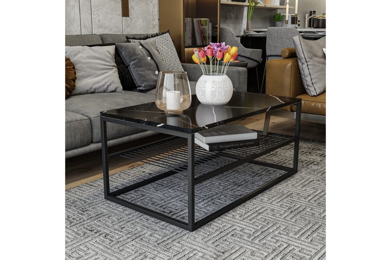 Sofabord Asude 95 cm Marmormønster med Oppbevaringshylle - Svart - Møbler - Bord - Sofabord & salongbord