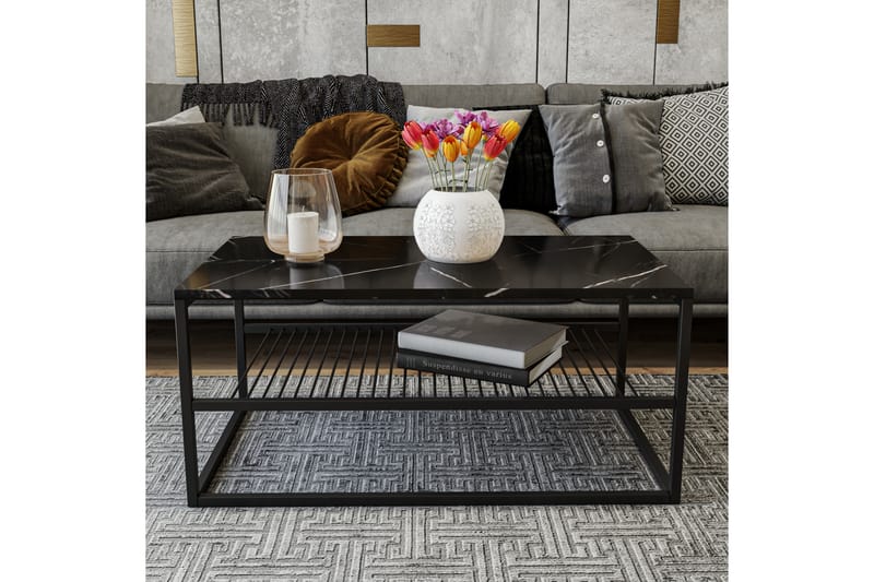 Sofabord Asude 95 cm Marmormønster med Oppbevaringshylle - Svart - Marmorbord - Sofabord & salongbord