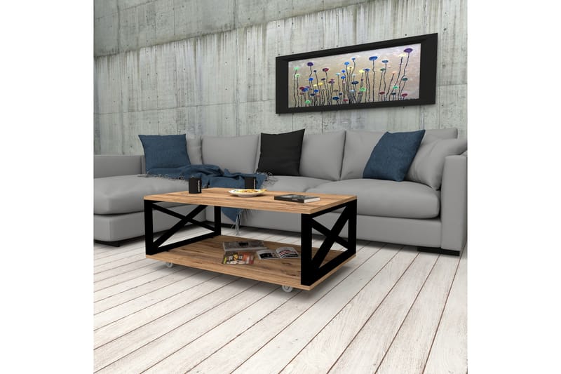 Sofabord Berkane 98 cm med Oppbevaring Hylle på Hjul - Natur/Svart - Sofabord & salongbord