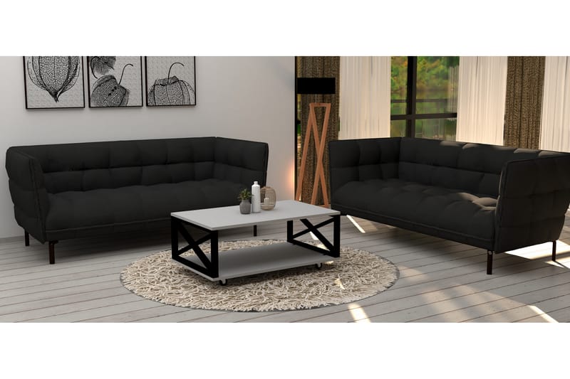 Sofabord Berkane 98 cm med Oppbevaringshylle på Hjul - Hvit/Svart - Sofabord & salongbord