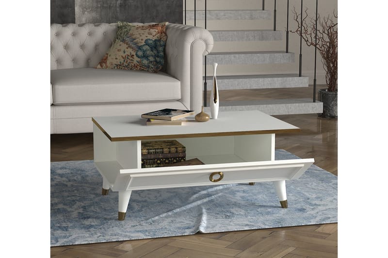 Sofabord BondSjø 90 cm med Oppbevaringshyller + Lucka - Hvit/Gul - Sofabord & salongbord