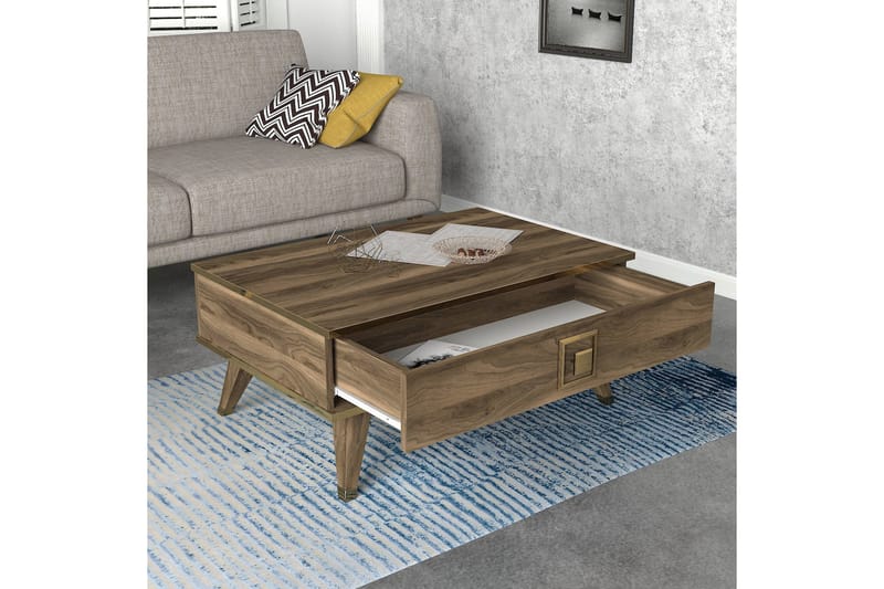 Sofabord BondSjø 90 cm med Oppbevaringsskuff - Brun/Gul - Sofabord & salongbord