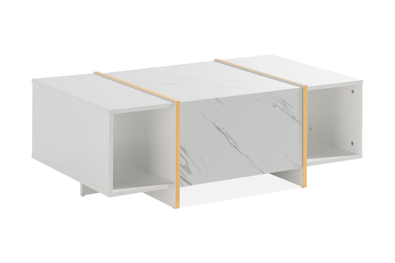Sofabord Brassington 104 cm med Oppbevaring Skuffer + Hyller - Hvit/Gull - Marmorbord - Sofabord & salongbord
