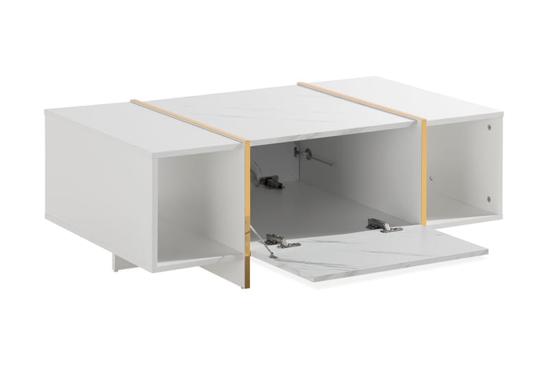 Sofabord Brassington 104 cm med Oppbevaring Skuffer + Hyller - Hvit/Gull - Marmorbord - Sofabord & salongbord