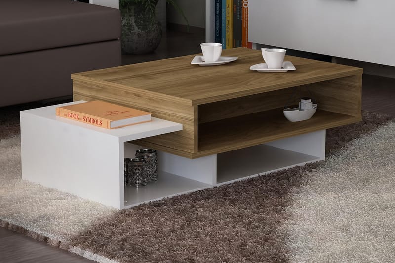 Sofabord Cathi 105 cm med Oppbevaringshyller - Hvit/Valnøttsbrun - Sofabord & salongbord