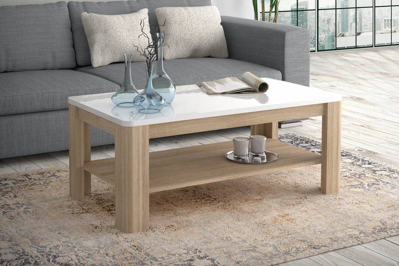 Sofabord Dengel 110 cm med Oppbevaringshylle - Hvit/Brun - Sofabord & salongbord