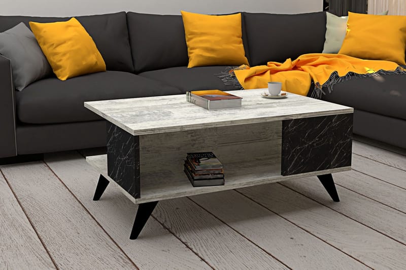 Sofabord Dzelda 90 cm med Oppbevaring Hyller Marmormønster - Beige/Svart - Sofabord & salongbord