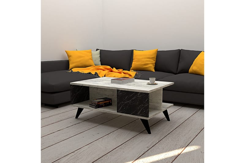 Sofabord Dzelda 90 cm med Oppbevaring Hyller Marmormønster - Beige/Svart - Sofabord & salongbord