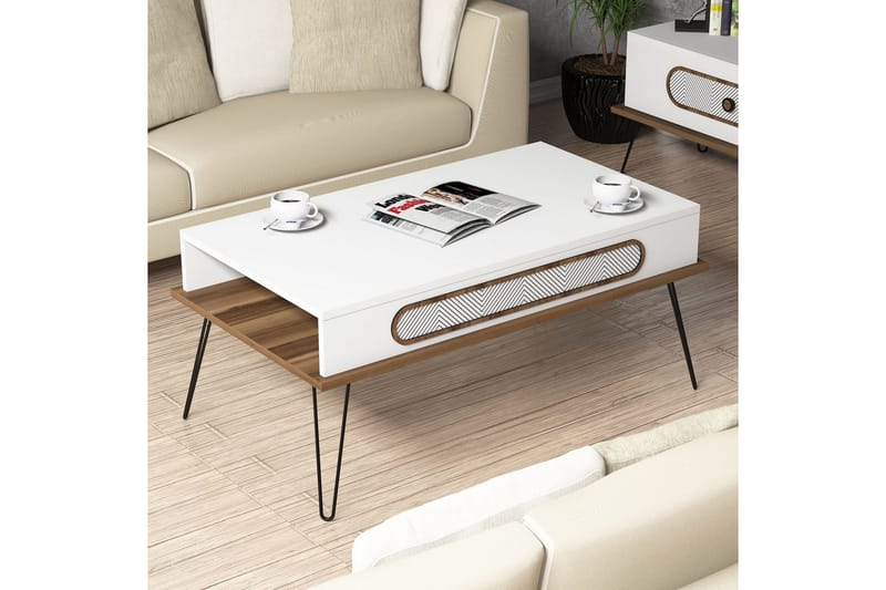 Sofabord Enguip 105 cm med Oppbevaringshylle - Hvit/Natur - Sofabord & salongbord