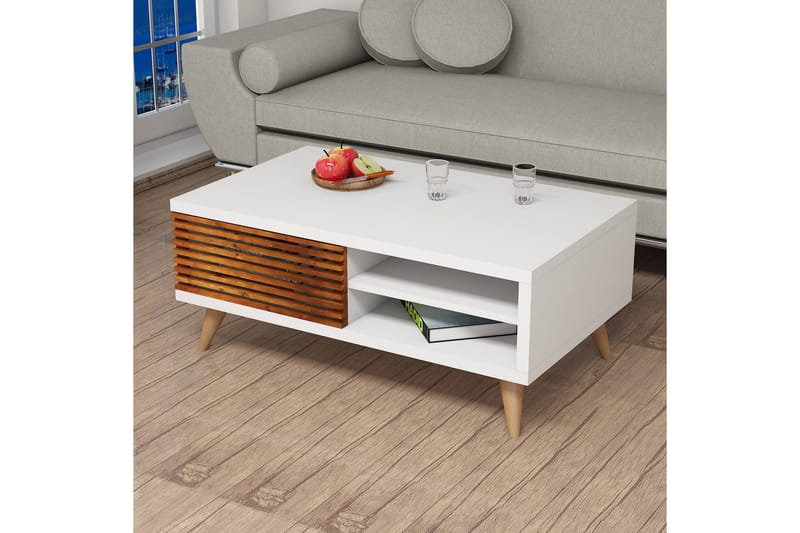 Sofabord Fatimah 100 cm med Oppbevaring Hylle + Skåp - Valnøttsbrun/Hvit - Sofabord & salongbord