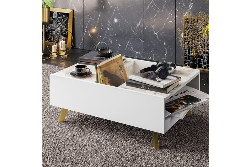 Sofabord Fridaria 90 cm med Oppbevaring Marmormønster - Hvit/Mørkebrun - Sofabord & salongbord