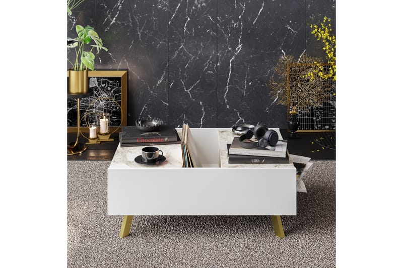 Sofabord Fridaria 90 cm med Oppbevaring Marmormønster - Hvit/Mørkebrun - Sofabord & salongbord
