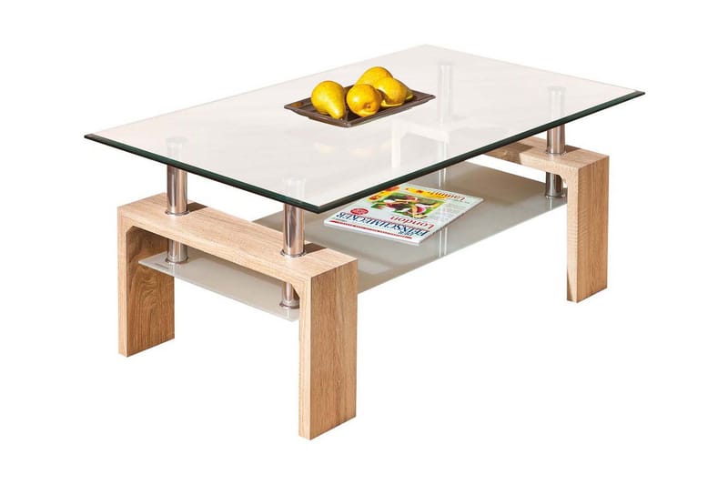 Sofabord Gantu 100 cm med Oppbevaringshylle - Glass/Hvit/Natur - Sofabord med oppbevaring - Sofabord & salongbord