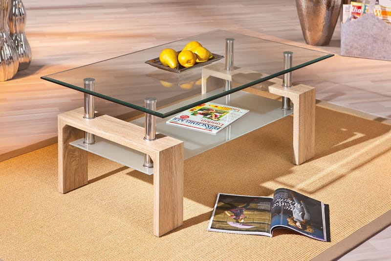 Sofabord Gantu 100 cm med Oppbevaringshylle - Glass/Hvit/Natur - Sofabord med oppbevaring - Sofabord & salongbord