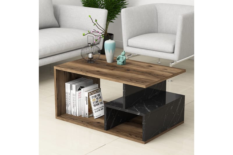 Sofabord Garavelo sofabord 90 cm med oppbevaring hyller marmormønster Svart,Trä/Natur,Mörkbrun - Møbler - Bord - Sofabord & salongbord - Sofabord med oppbevaring