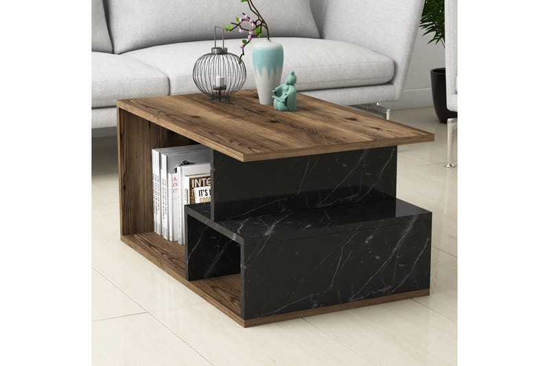Sofabord Garavelo sofabord 90 cm med oppbevaring hyller marmormønster Svart,Trä/Natur,Mörkbrun - Møbler - Bord - Sofabord & salongbord - Sofabord med oppbevaring