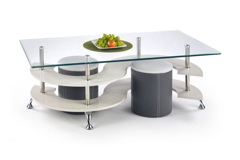 Sofabord Giardina med Puffer 130 cm med Oppbevaring Hylle - Glass/Grå/Hvit - Sofabord & salongbord