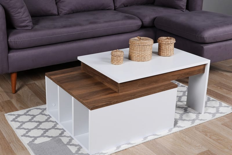 Sofabord Heathow 90 cm med Oppbevaringshyller - Hvit/Tre - Sofabord & salongbord