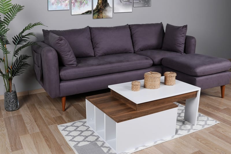 Sofabord Heathow 90 cm med Oppbevaringshyller - Hvit/Tre - Sofabord & salongbord
