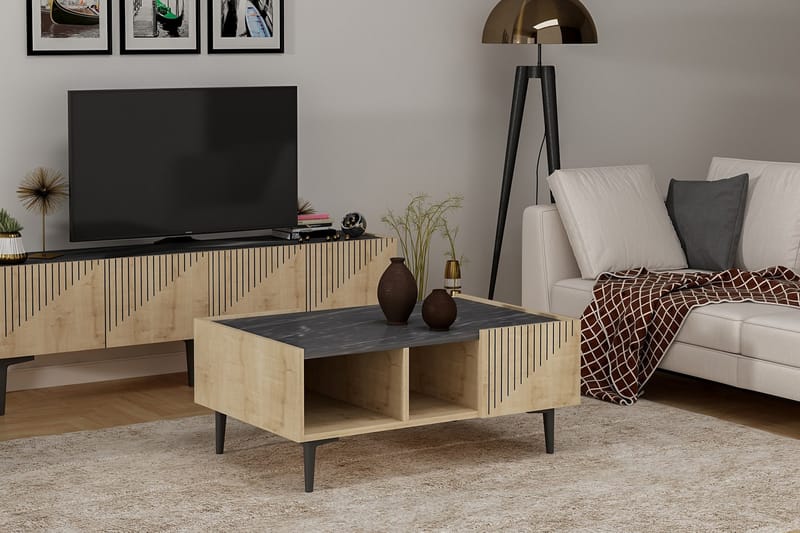 Sofabord Iecava 94 cm med Oppbevaring Hyller - Natur/Svart - Sofabord & salongbord
