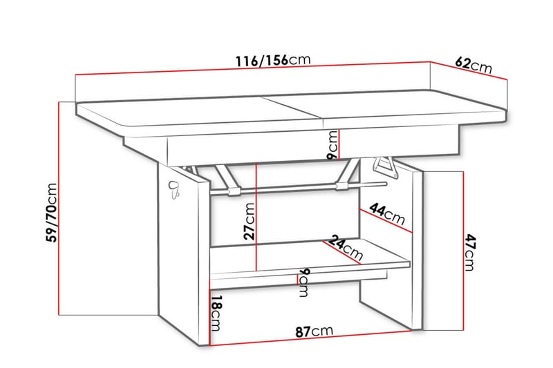 Sofabord Janeka 116 cm Hev- og Senkbart med Oppbevaringshyll - Hvit - Sofabord & salongbord