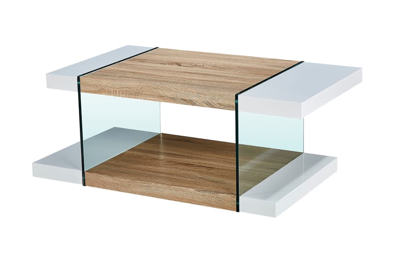 Sofabord Jaunita 120 cm med Oppbevaringshylle - Glass/Hvit/Brun - Sofabord & salongbord