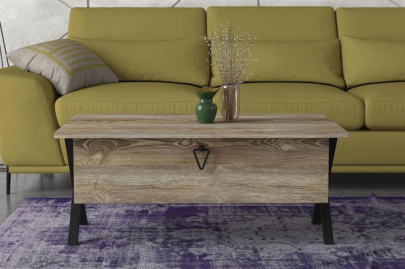 Sofabord Jospeh 90 cm med Oppbevaring Lucka med Kryssben - Vintage Tre/Svart - Sofabord & salongbord