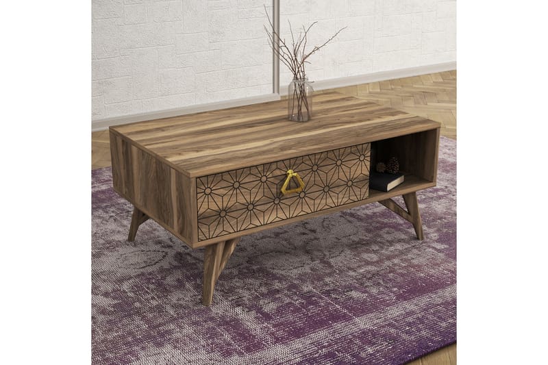 Sofabord Jospeh 90 cm med Oppbevaring Skuff + Hylle Dekorera - Valnøttsbrun - Sofabord & salongbord