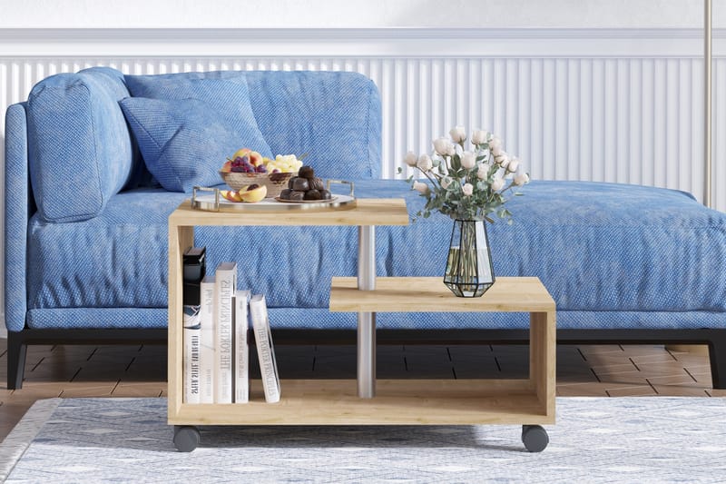 Sofabord Karanfil 80 cm med Oppbevaringshylle på Hjul - Natur/Svart - Sofabord & salongbord