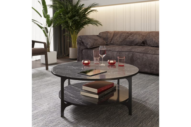 Sofabord KHvitsle 90 cm med Oppbevaring Rundt Hylle - Svart - Marmorbord - Sofabord & salongbord