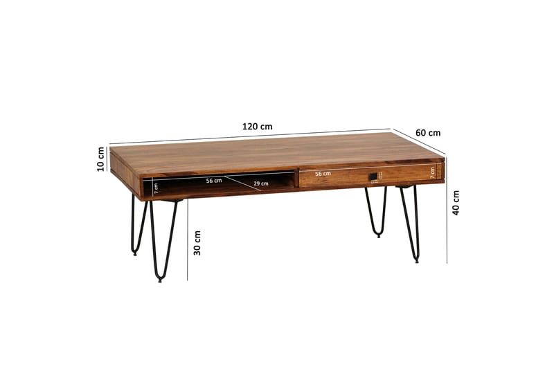 Sofabord Lochside 117 cm med Oppbevaring 2 Skuffer + Hyller - Massivt Tre - Sofabord & salongbord