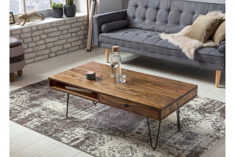 Sofabord Lochside 117 cm med Oppbevaring 2 Skuffer + Hyller - Massivt Tre - Sofabord & salongbord