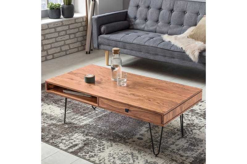 Sofabord Lochside 60 cm med Oppbevaring 2 Skuffer + Hyller - Akacia/Svart - Møbler - Bord - Sofabord & salongbord