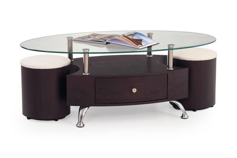 Sofabord Mascorro med Puffer 120cm Ovalt Oppbevaring Hylle+S - Glass/Kirsebærbrun - Sofabord & salongbord