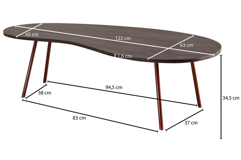Sofabord Mayou 122 cm Njurformat - Massivt Tre/Mørkegrå/Kobber - Møbler - Bord - Sofabord & salongbord