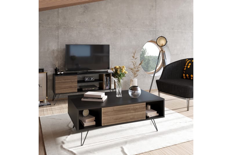 Sofabord Misticon 120 cm med Oppbevaring Hylle+Lucka - Svart/Valnøttsbrun - Sofabord & salongbord