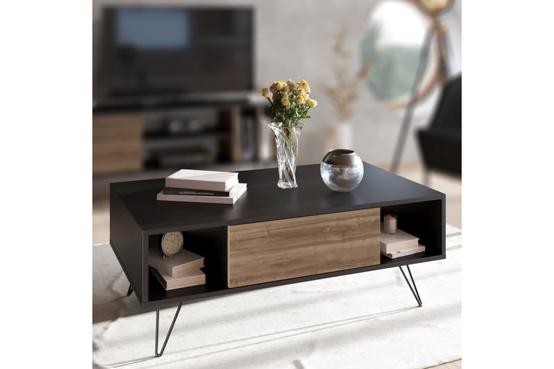 Sofabord Misticon 120 cm med Oppbevaring Hylle+Lucka - Svart/Valnøttsbrun - Sofabord & salongbord