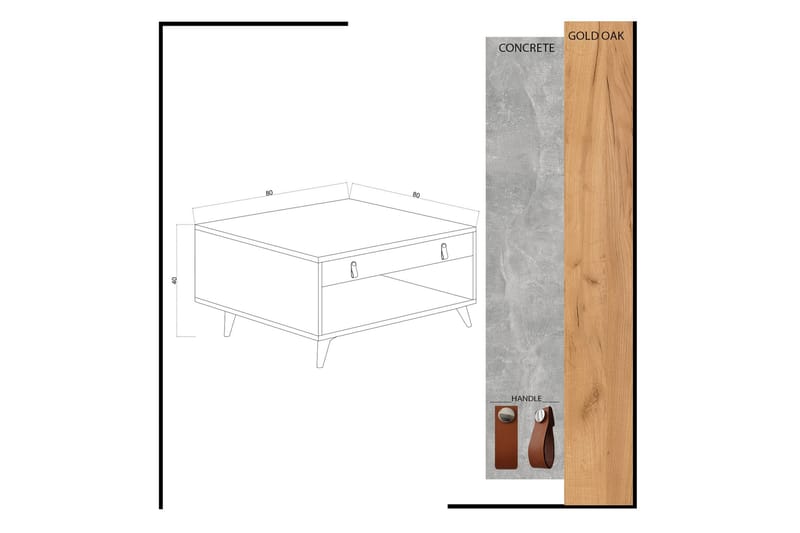 Sofabord Naidaj 80 cm med Oppbevaring Skuff + Hylle Lærbesla - Grå/Tre - Sofabord & salongbord