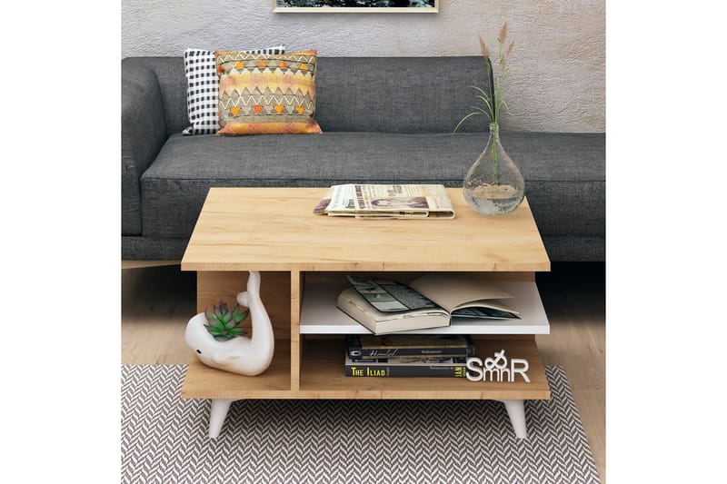 Sofabord Naidaj 80 cm med Oppbevaringshyller - Tre/Hvit - Sofabord & salongbord