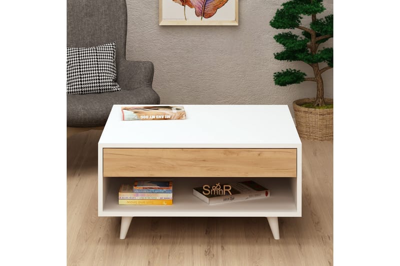 Sofabord Naidaj 80 cm med Oppbevaringsskuff + Hylle - Tre/Hvit - Sofabord & salongbord