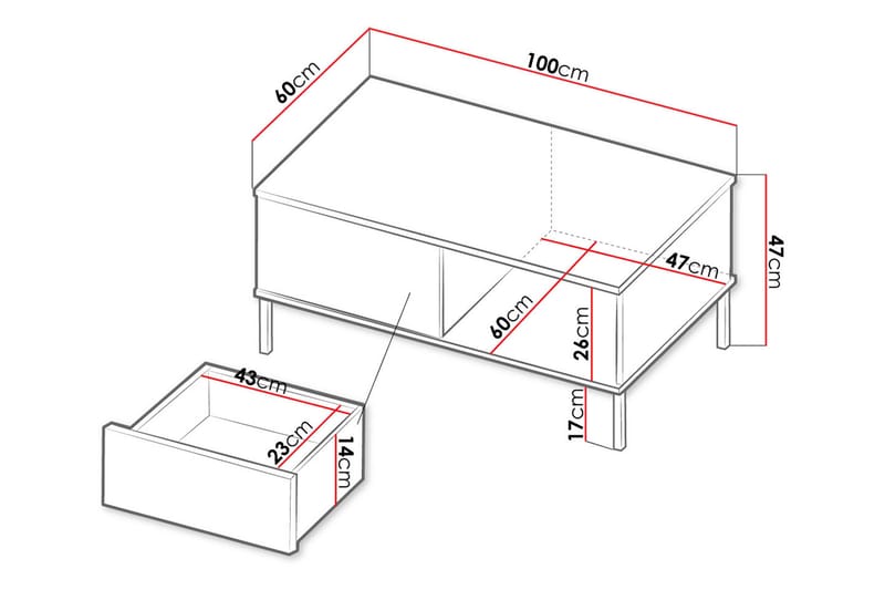 Sofabord Quertas 100 cm med Oppbevaring Hylle + Skuff - Hvit/Svart - Sofabord & salongbord