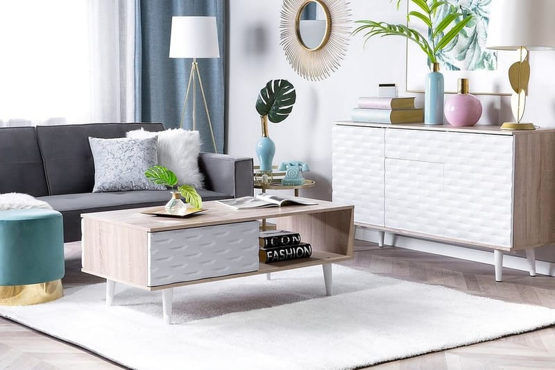 Sofabord Swansia 120 cm med Oppbevaring Skåp + Hylle - Lysebrun/Hvit - Møbler - Bord - Sofabord & salongbord